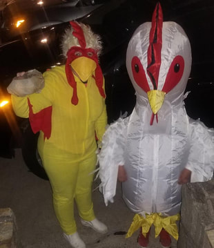 Woman dresses herself and son as chicken to deliver eggs during the coronavirus covid-19