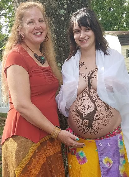 tree of life pregnant belly henna design with artist Linda